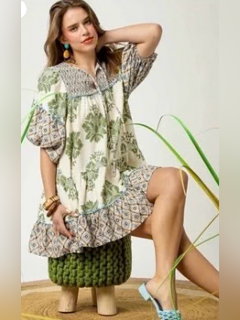 Umgee Women's Patterned Long Sleeve Dress - Green and Blue